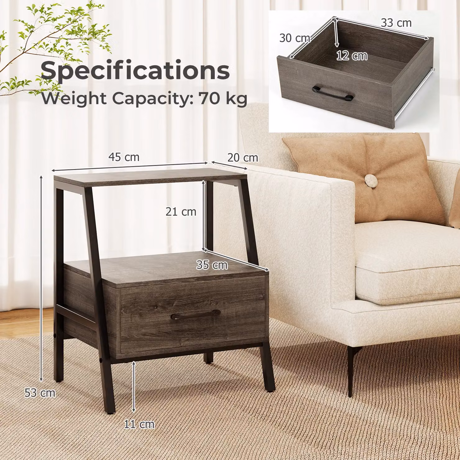 Gymax 3-Tier Bedside Table with Drawer and Open Shelf in Grey Oak – 2