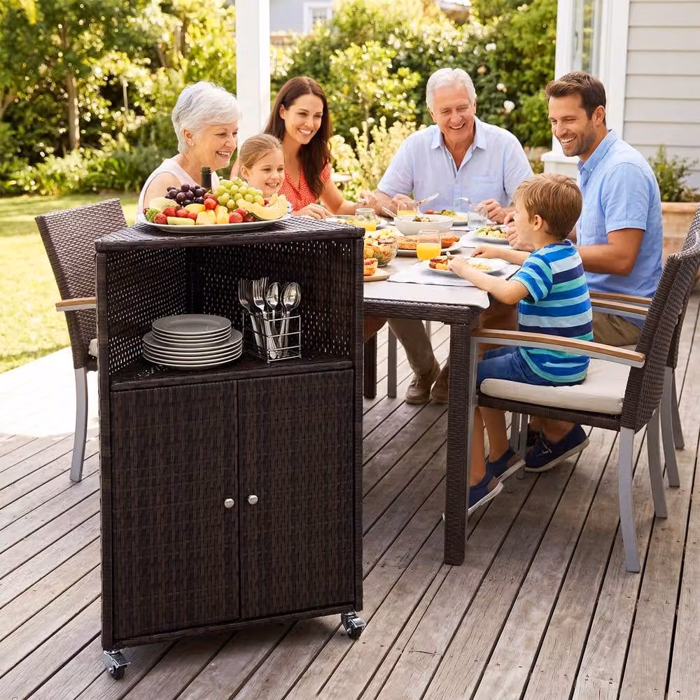 Costway Brown PE Rattan Corner Outdoor Storage Cabinet and Bar Cart with Shelves and Hinged Doors – 7
