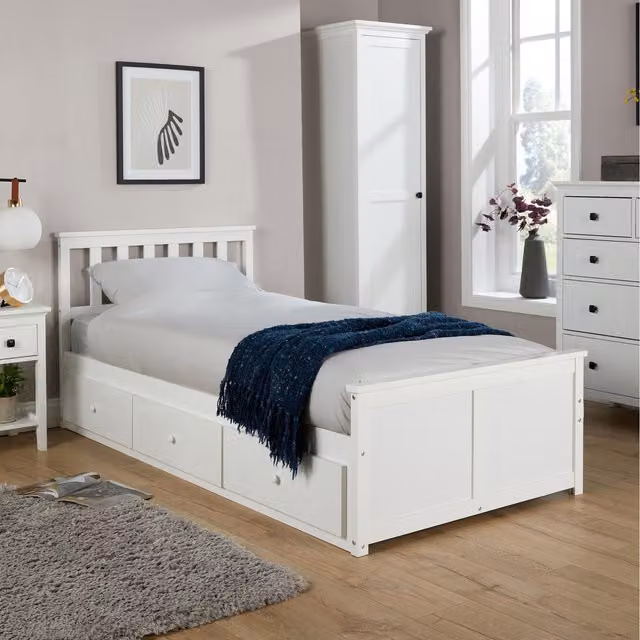 Home Source Florida Wooden Single Bed Frame with Three Storage Drawers in White (90 x 190 cm)