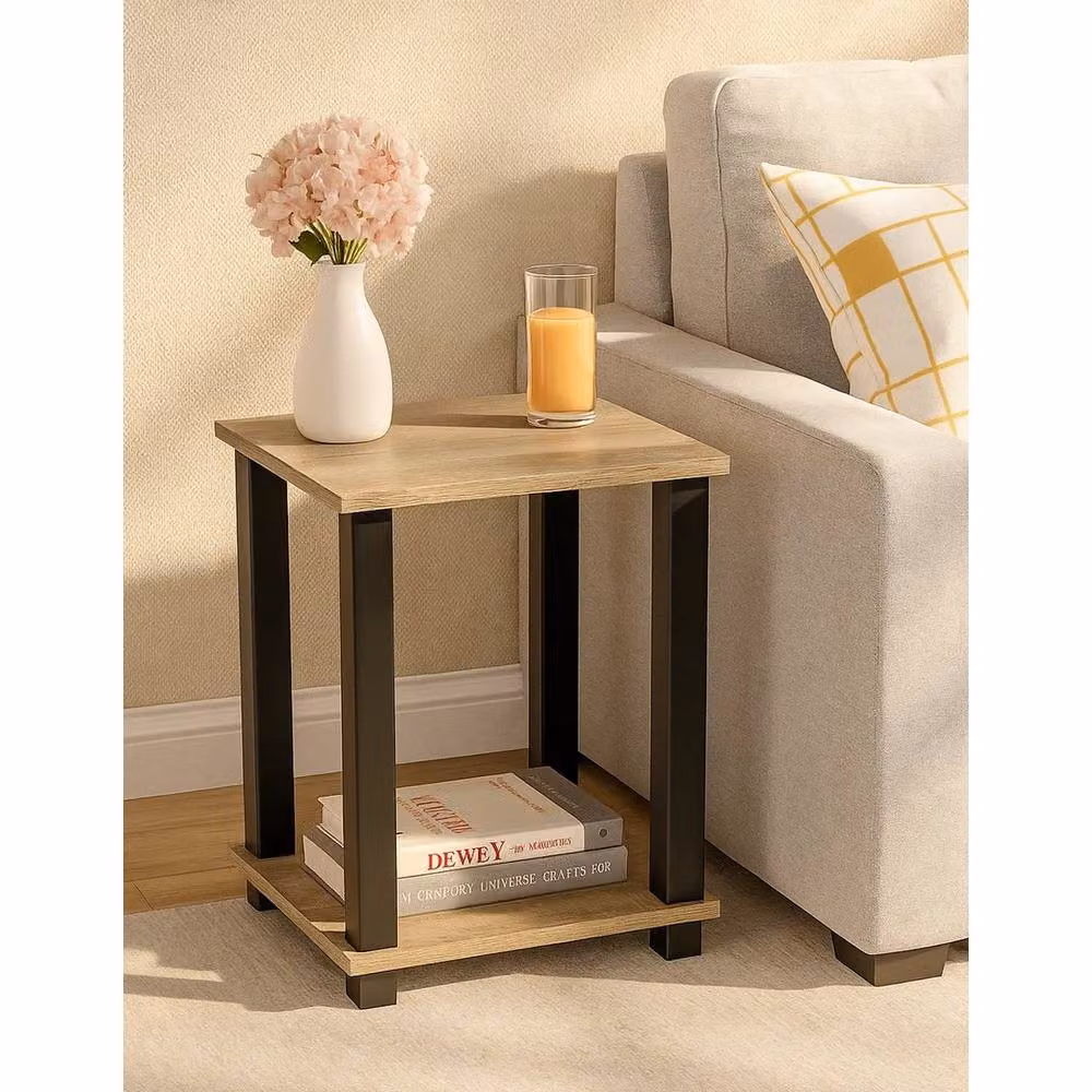 EONLION Natural 2 Tier Side Table with Shelf in Sand and Brown – 2