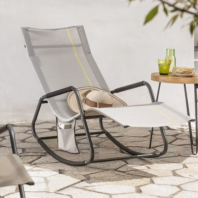 SoBuy Modern Rocking Sun Lounger Recliner Chair in Grey with Textilene Fabric and Powder Coated Steel Frame