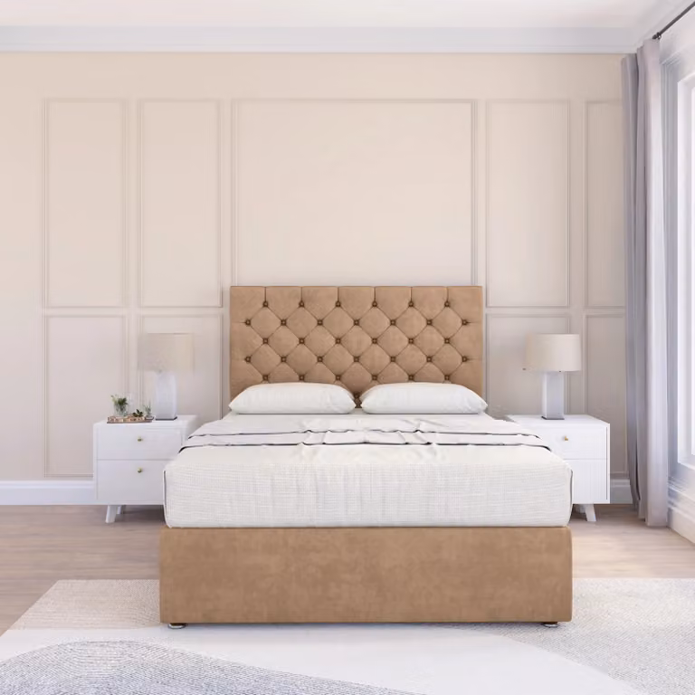 Sloomy Mayfair Divan Bed Base and 54 inch Floor Standing Chesterfield Headboard in Beige Velvet, W/D/H: 120 x 200 cm