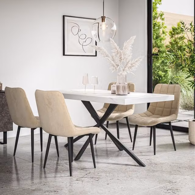 More4Homes Donni Dining Set with Marble Effect Rectangular Table and 6 Nova Velvet Chairs in Beige