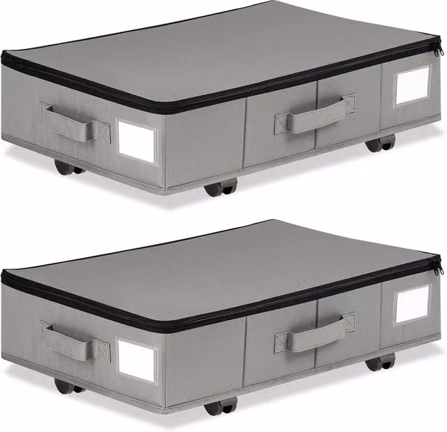 VOGREX Set of 2 Foldable Fabric Storage Boxes with 360 Swivel Casters in Grey