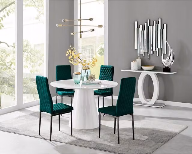 FurnitureboxUK Palma White High Gloss Round Dining Table and 4 Green Velvet Milan Chairs with Black Legs