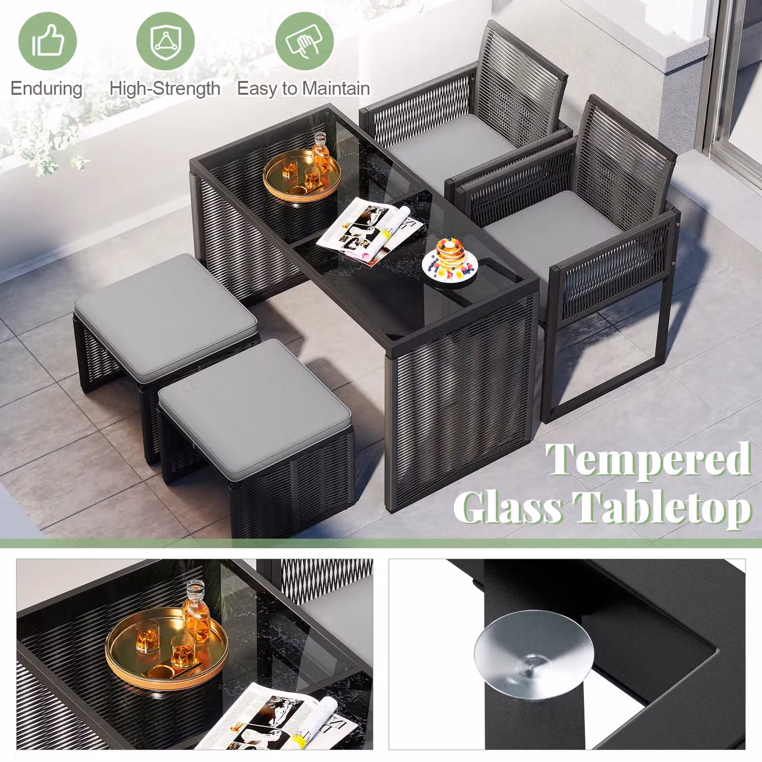 Costway 5 Piece Grey Polyrattan Outdoor Patio Dining Set with Glass Top Table – 3