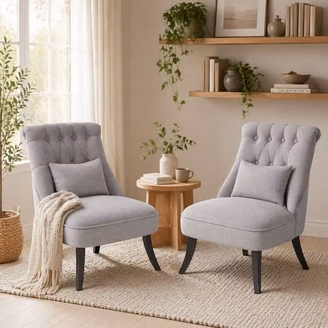 Wyld Haus Sava Grey Set of 2 Armless Button Tufted Tub Chairs with Linen Look Finish