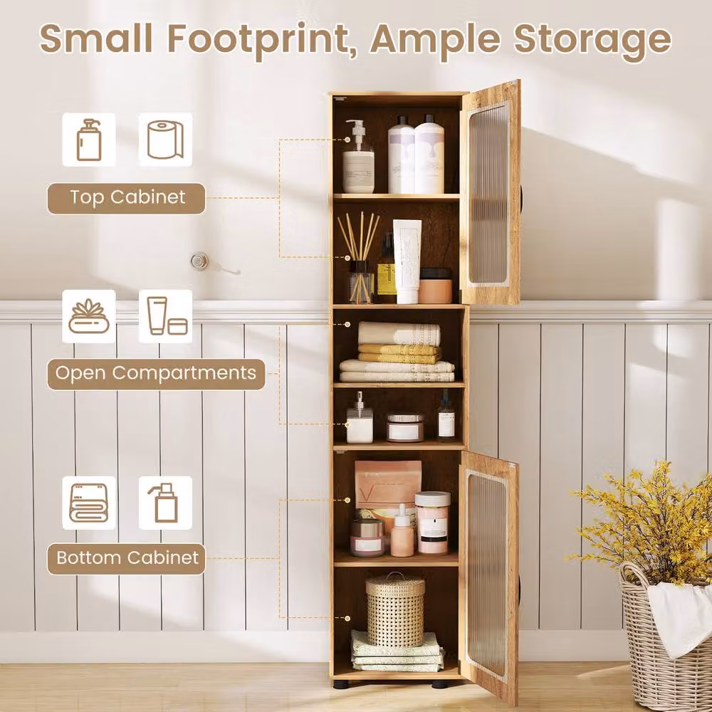 Gymax Modern Freestanding Tall Bathroom Storage Cabinet with Glass Doors and Internal Shelves in Brown Wood Finish – 6