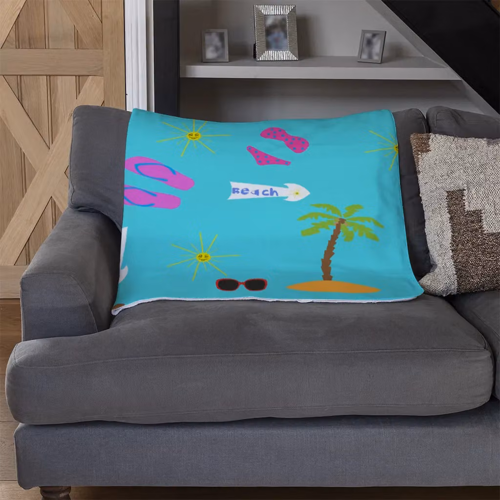 Benjamin Tate Design Beach Cartoons Fleece Blanket in Blue and Beige, W/D/H: 120 x 150 cm – 3