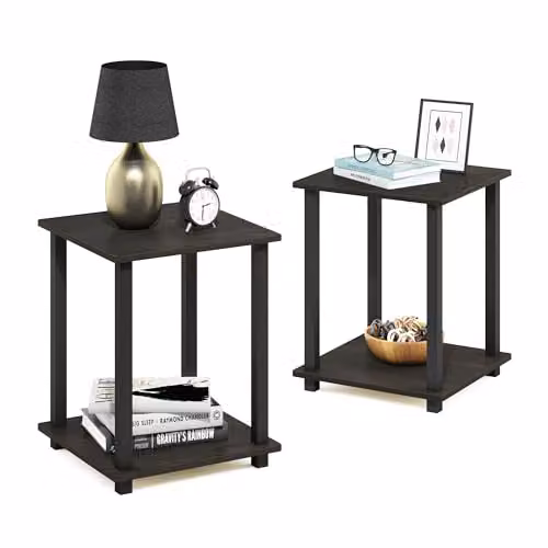 Furinno SIMPLISTIC Set of 2 Two-Tier Side Tables in Espresso with Marble Pattern