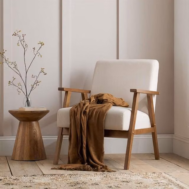 Birlea Ellwood Accent Armchair in Beige Bouclé Fabric with Solid Oak Wood Frame – 1