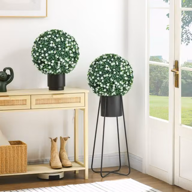 HOMCOM Set of 2 Green Artificial Round Topiary Hanging Plants in White Pots