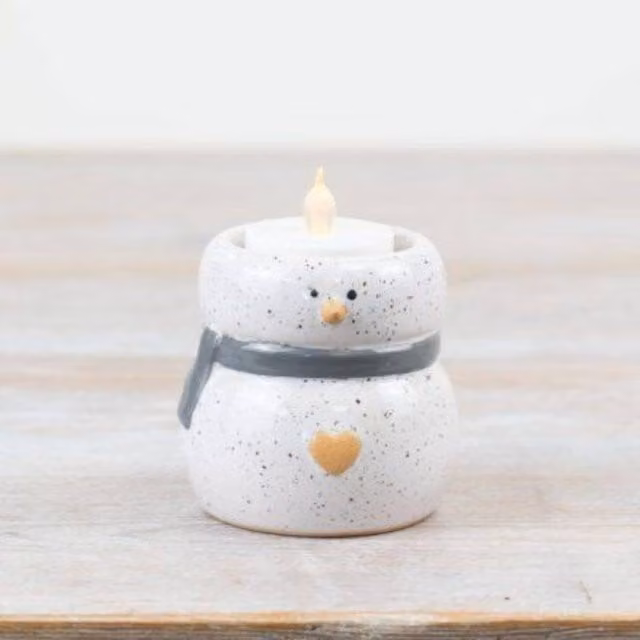 Garden Greatness Speckled Snowman Ceramic Tealight Holder in Grey, White and Multicolour