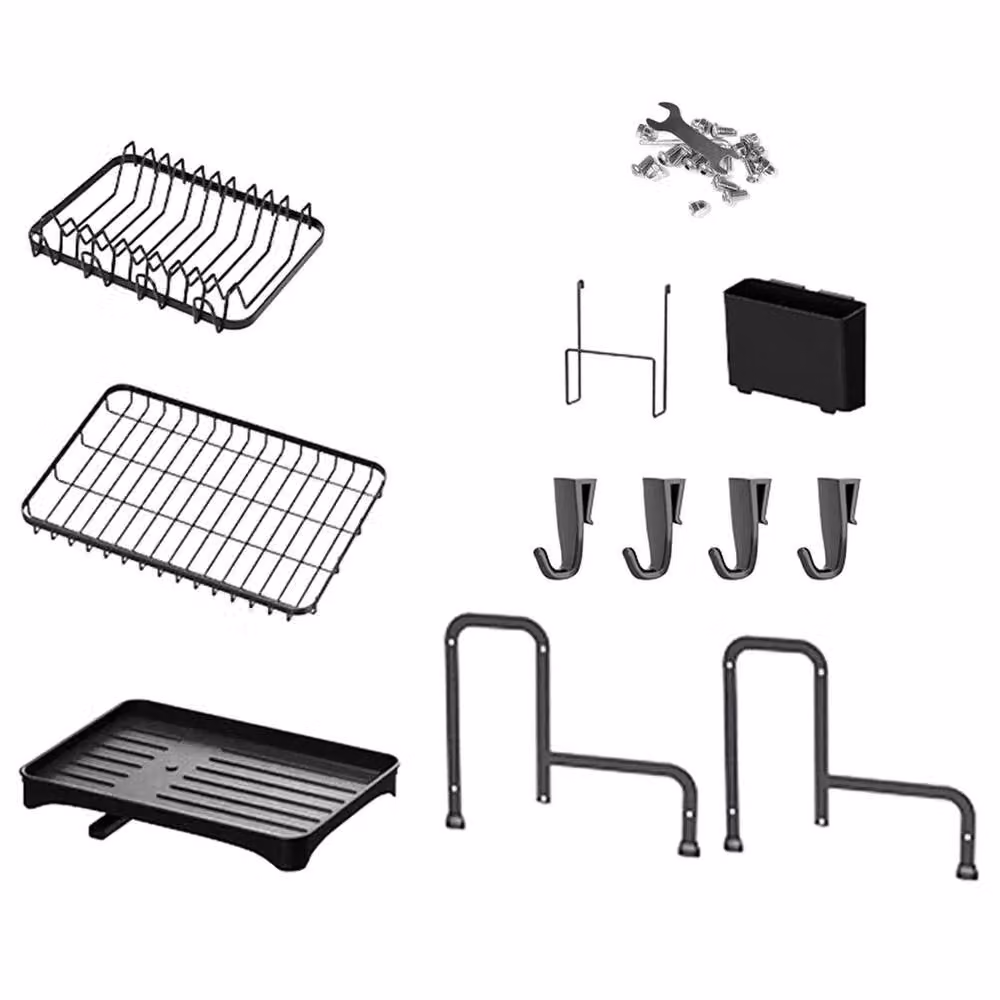 VOGREX 2-Tier Black Steel Kitchen Dish Drying Rack with Drip Tray, Cutlery Holder and Cup Holder – 6