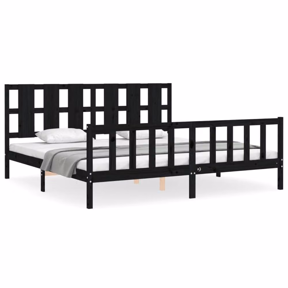 Berkfield Home Beautiful Bed Frame with Headboard in Black Solid Pine Wood W/D/H: 200 x 200 x 205.5 cm – 2