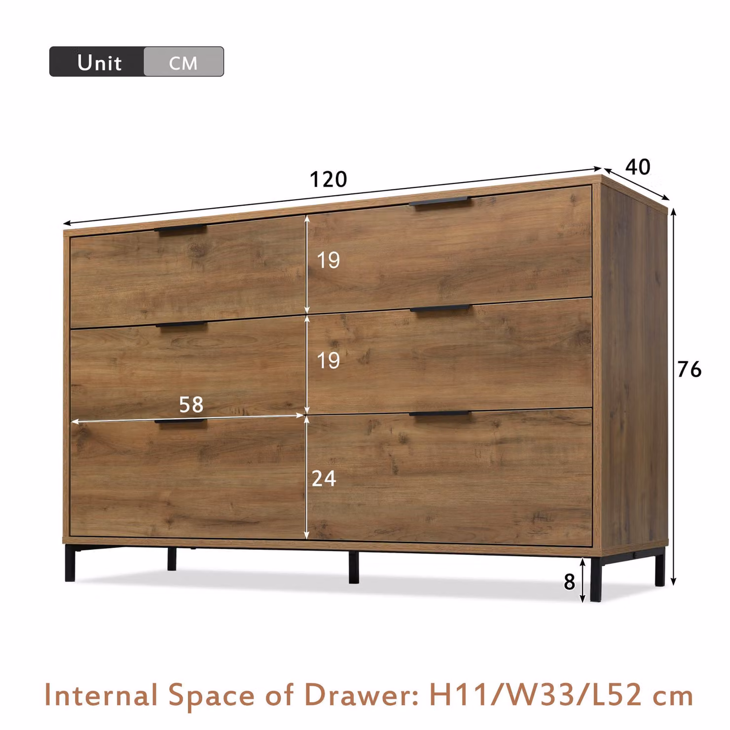 Aosom UK Dark Oak Sideboard with 6 Drawers and Industrial Metal Frame, W/D/H: 120 x 40 x 76 cm – 3