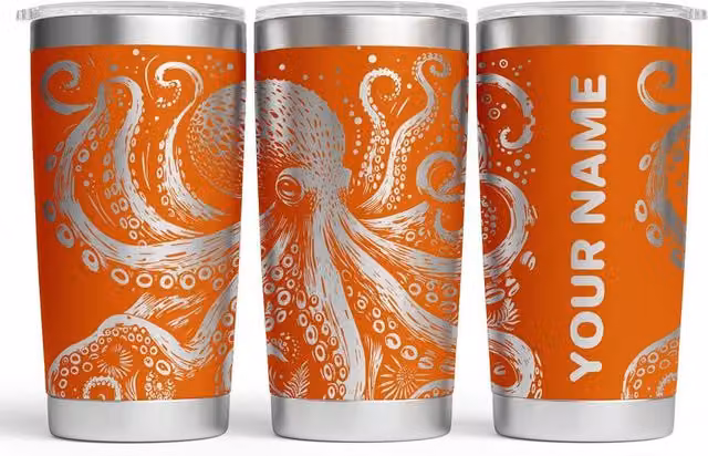 Bad Zebedee Personalised Octopus Engraved Thermal Tumbler in Orange, 500ml