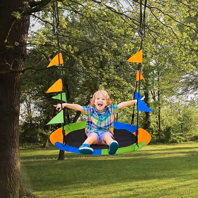 Outsunny Tree Saucer Swing Seat in Black and Multicolour with Height-Adjustable Rope