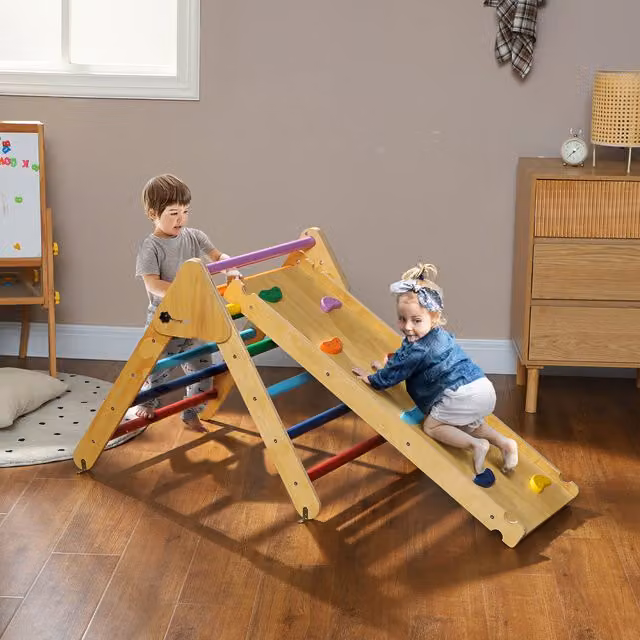 AIYAPLAY Wooden Toddler Climbing Frame, Foldable Indoor Pikler Triangle Set, Brown