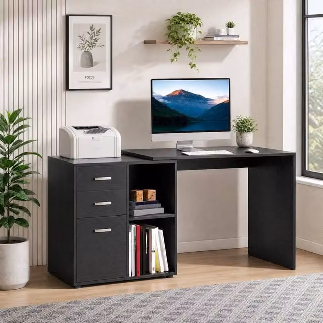 STILVORA L-Shaped Corner Desk with Drawers, Cabinet and Shelves in Black Matt MDF