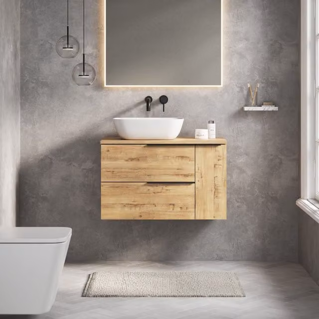 Banyetti Celtic Duo 800mm Wall Hung Vanity Unit with Door and Worktop in Ostippo Light Oak