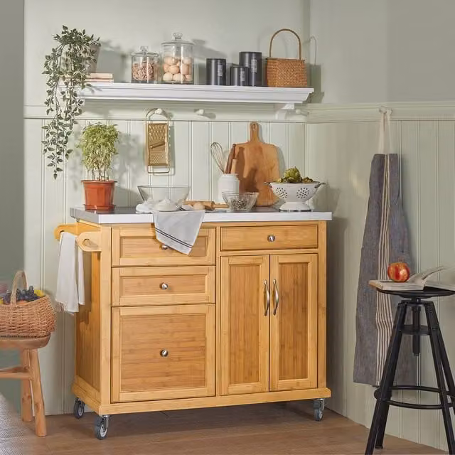 SoBuy Mobile Kitchen Island with Stainless Steel Top in Natural Bamboo and Metal – 1