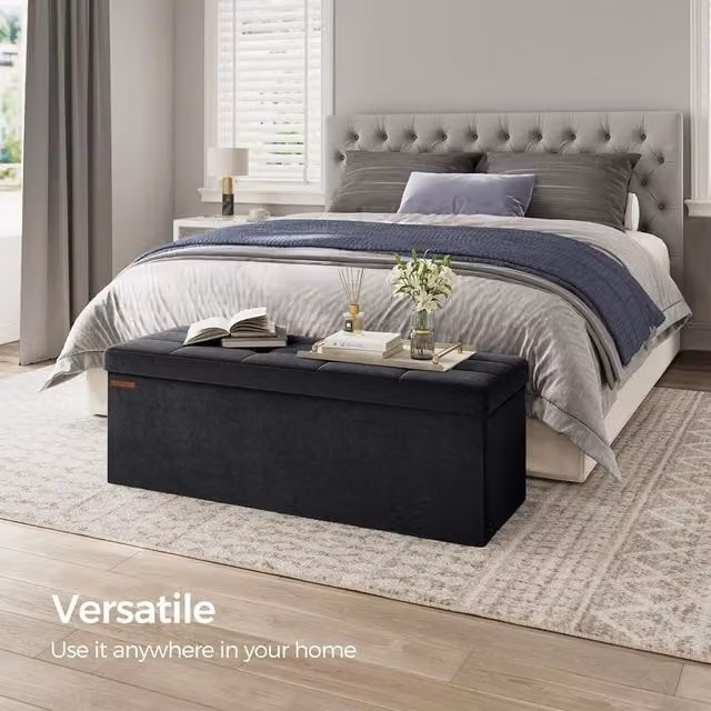 SONGMICS Extra Large Foldable Storage Ottoman Cube Heavy Duty Velvet Bench in Black