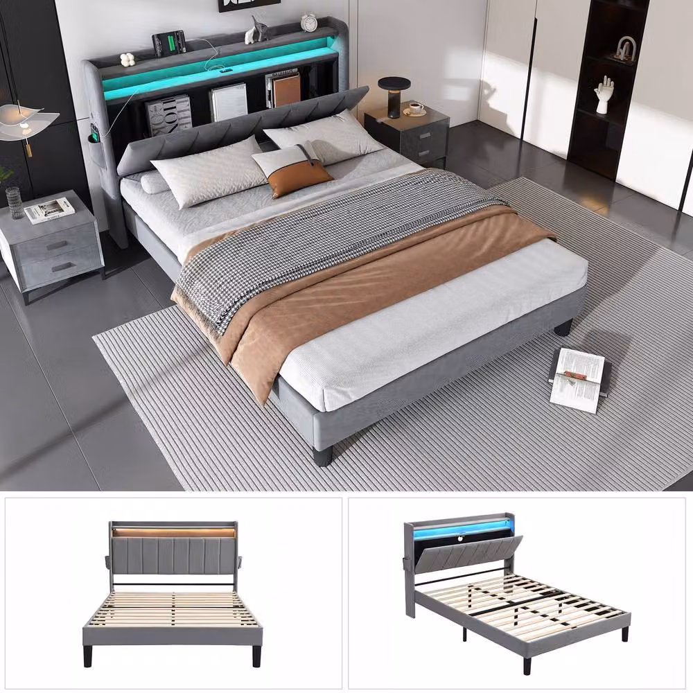 Rolipo Grey Velvet Upholstered Double Bed with Storage, LED Under-bed Lighting and USB-C Charging Port, W/D/H: 135 x 190 cm – 5
