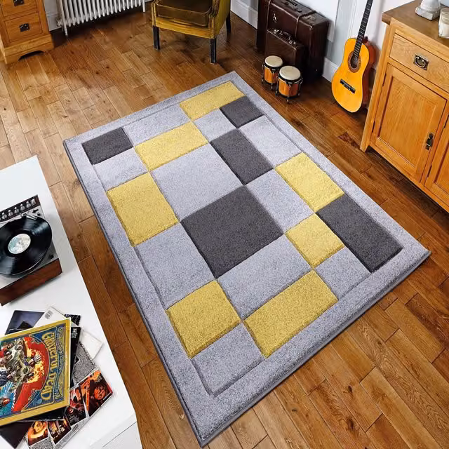Havana Hand Carved Thick Rectangular Area Rug in Grey and Yellow, 150 cm