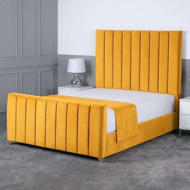 Living Comfort Bedz Empress Double Upholstered Velvet Gas Lift Storage Bed in Yellow, W/D/H: 140 x 200 cm