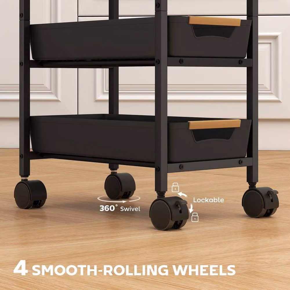 VOGREX Black Metal Mobile Kitchen Utility Storage Trolley – 3