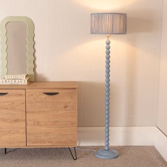 ValueLights Bobbins Blue Floor Lamp with Ruched Pleated Drum Shade and Bulb