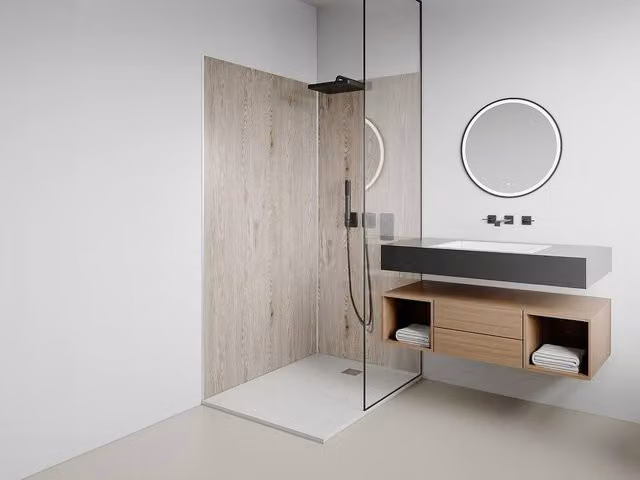 Vente-unique Set of 2 Light Oak Wood Effect Aluminium Shower Wall Panels, W: 90 cm, H: 120 cm