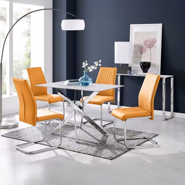 FurnitureboxUK Leonardo White Glass Marble Effect Table with 4 Lorenzo Mustard Chairs and Silver Legs