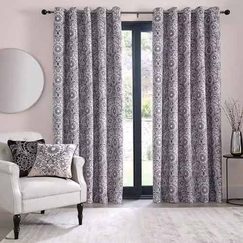 Laurence Llewelyn-Bowen Ulster Weavers Blackout Floral Velvet Curtains in Black and Natural, W: 117 cm, L: 137 cm – 1