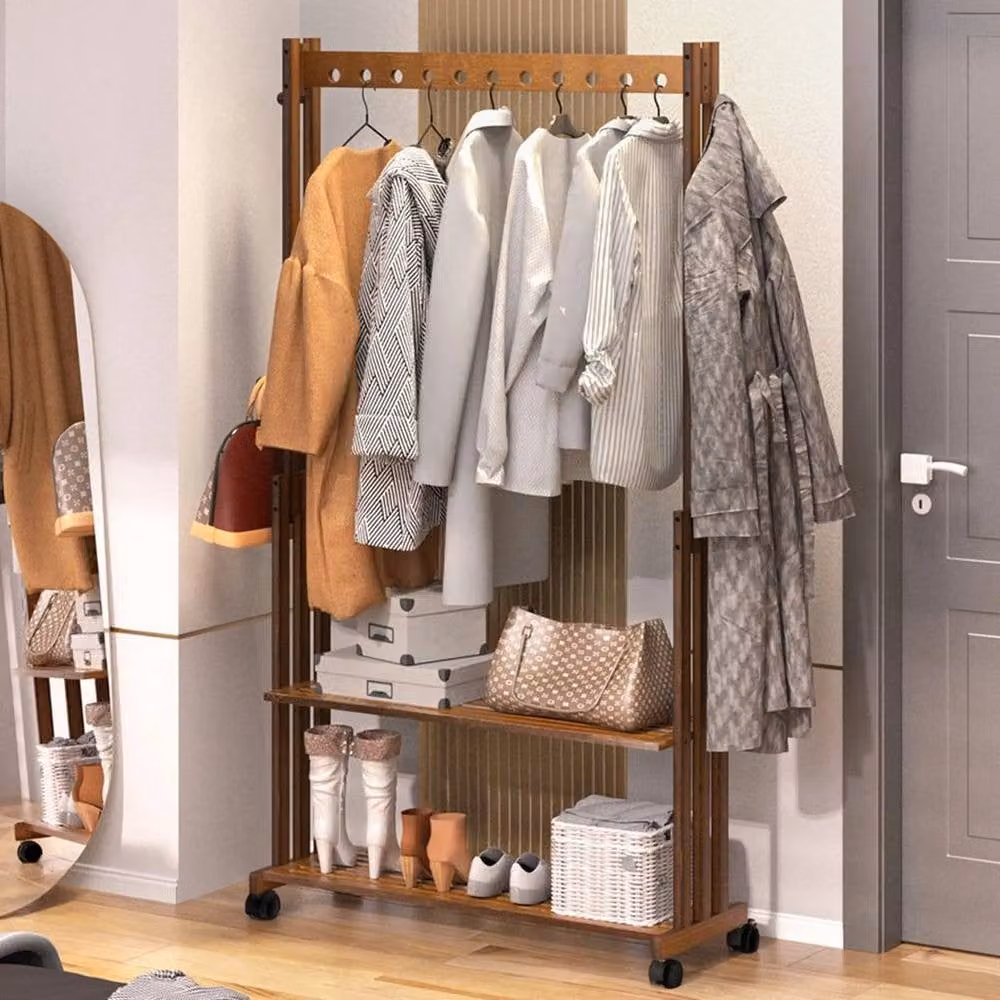 Kelvenix Rolling Bamboo Clothes Rail Rack in Brown – 3