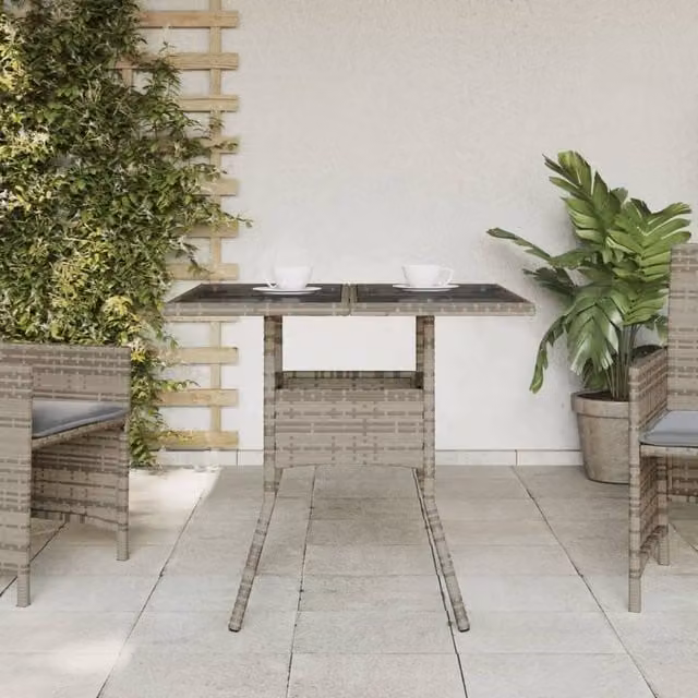 Berkfield Home Grey Poly Rattan Garden Table with Glass Top, W/D/H: 80 x 80 x 75 cm – 1