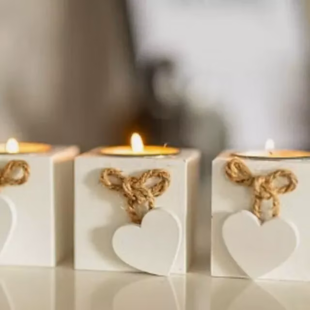 Marco Paul White Rustic Wood Heart Tealight Candle Holders