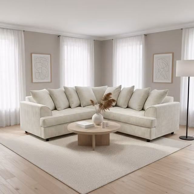 Abakus Direct Ferguson White Chenille L-Shape Corner Sofa with Deep Seats and Angular Arms