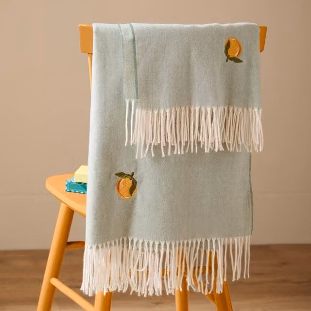 Furn Lightweight Knitted Floral Embroidered Throw with Fringes in Blue, W: 130 cm, D: 180 cm – 1