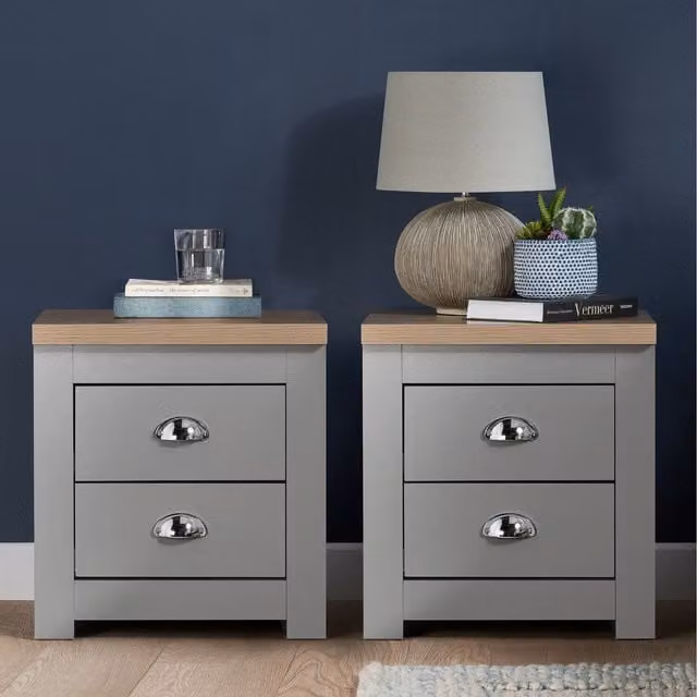 Birlea Highgate Pair of 2 Drawer Bedside Tables in Grey Oak Wood