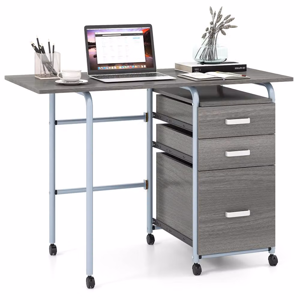 Costway Folding Computer Desk with 3 Drawers and Castors, Grey – 2