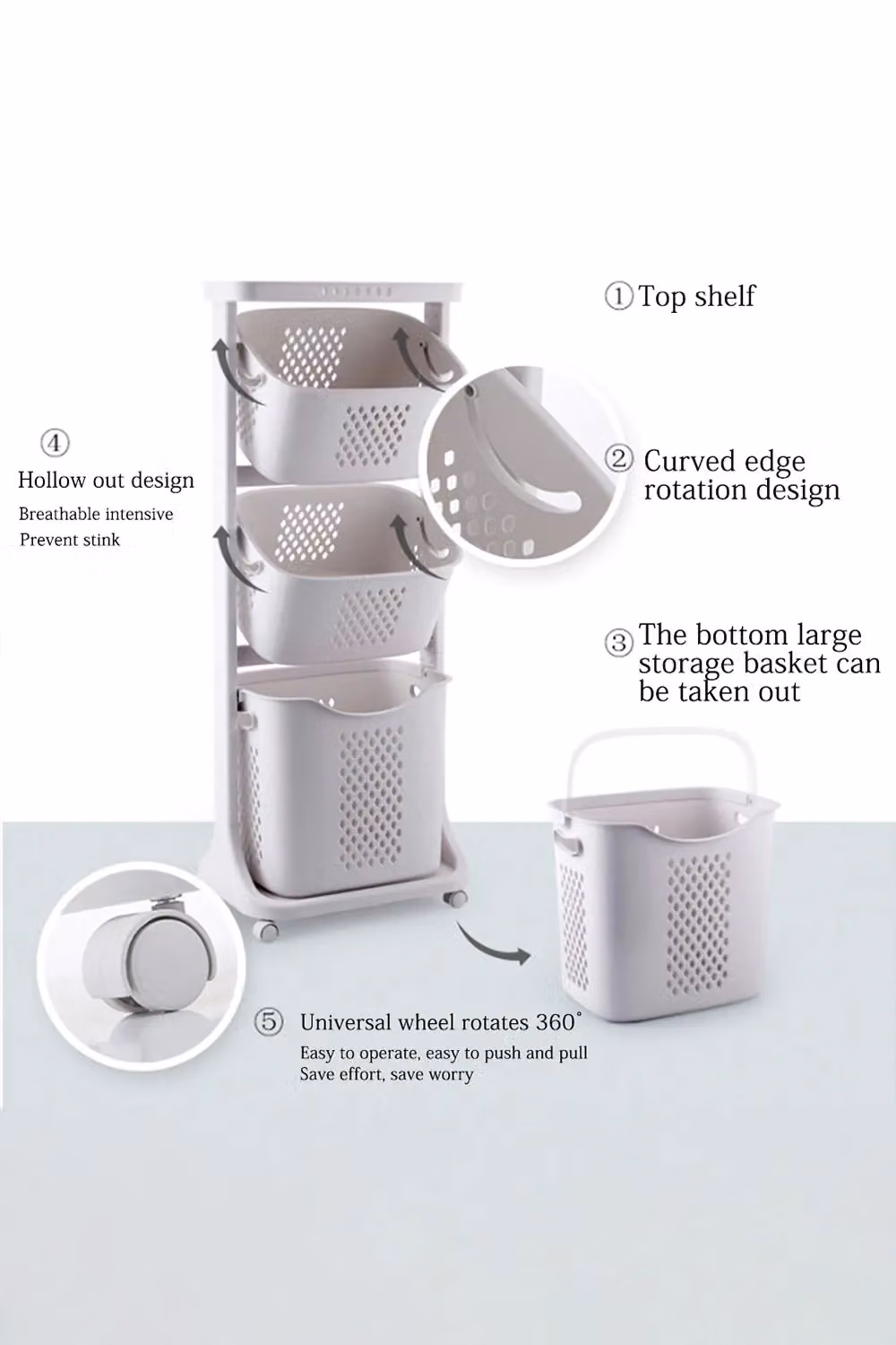 Living and Home 3 Compartment Rotatable Laundry Basket Sorter Cart with Wheels, White – 3