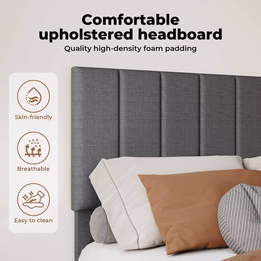 EONLION Leede King Bed Frame in Dark Grey Upholstered Linen Fabric – 4