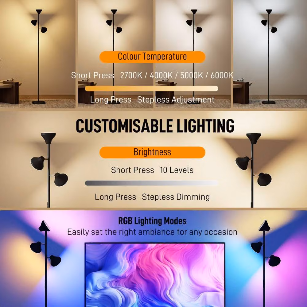 Wyld Haus Neso 3 Head Adjustable LED Floor Lamp in Black with Remote Control, Dimming and Timer Functions – 5