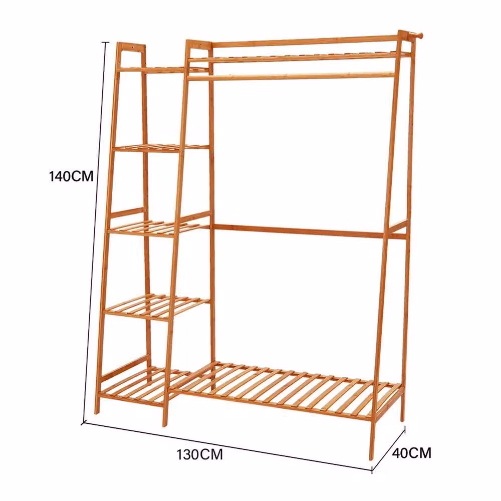 FORGEVIO Minimalist Clothes Rail Rack with Dual Hook and Rail Matrix in Brown Lacquered Wood, H 140 cm x W 130 cm – 2