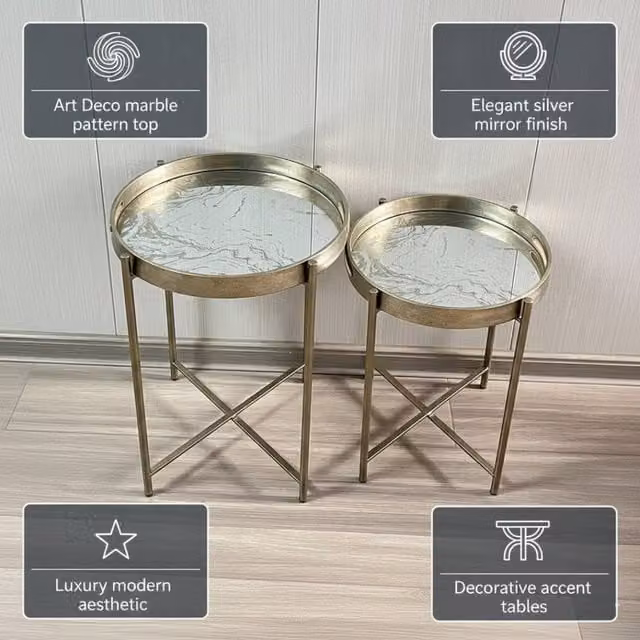 Minster Stylish Living Ltd Set of 2 Art Deco Nested Round Tables with Gold and Silver Abstract Marble Pattern Tops – 1