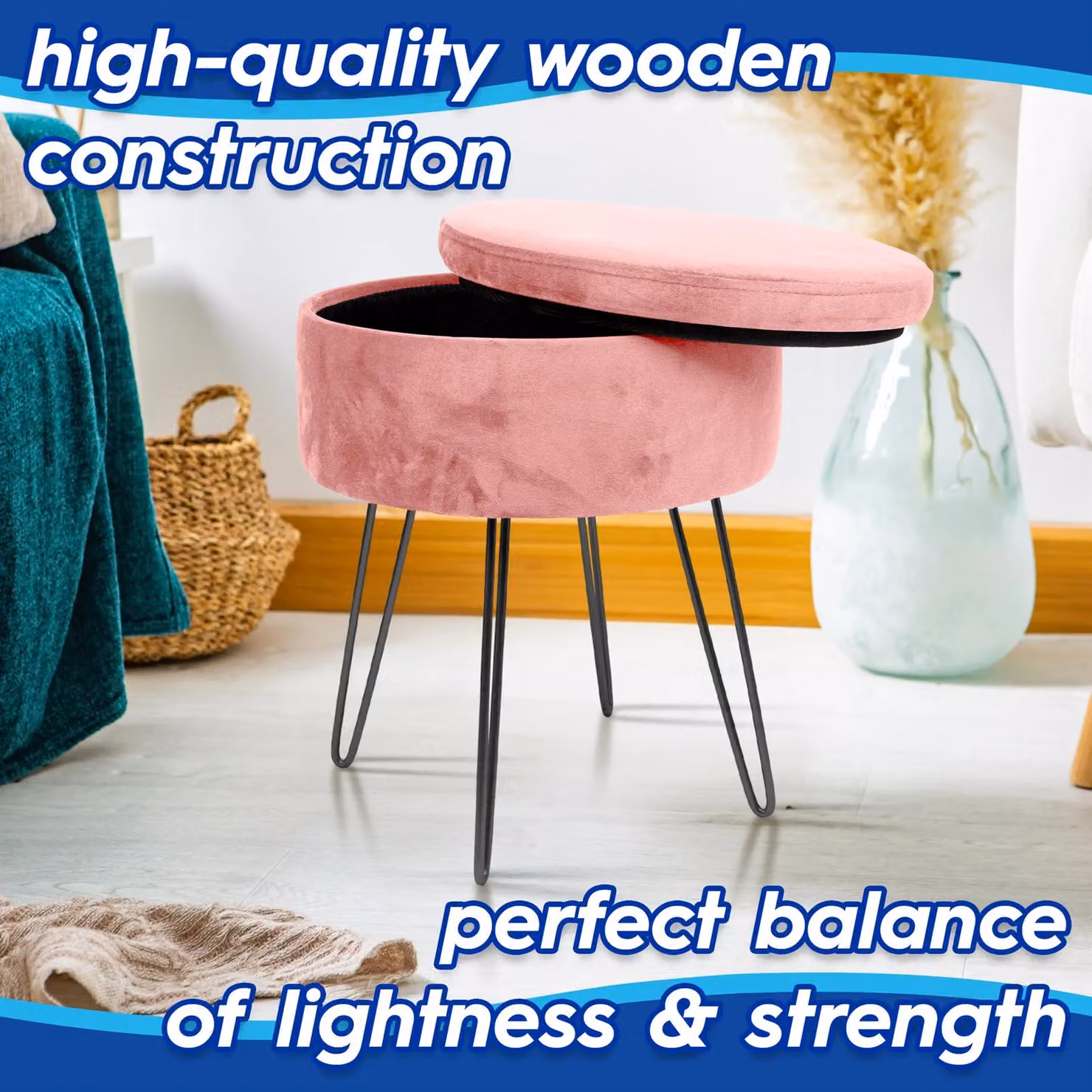 Harbour Housewares Round Velvet Storage Footstools, Pack of 2, Pink, H 45 cm x D 36 cm – 2