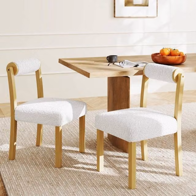 KORVIXA Set of 2 White Bouclé Fabric Dining Chairs with Rubberwood Legs