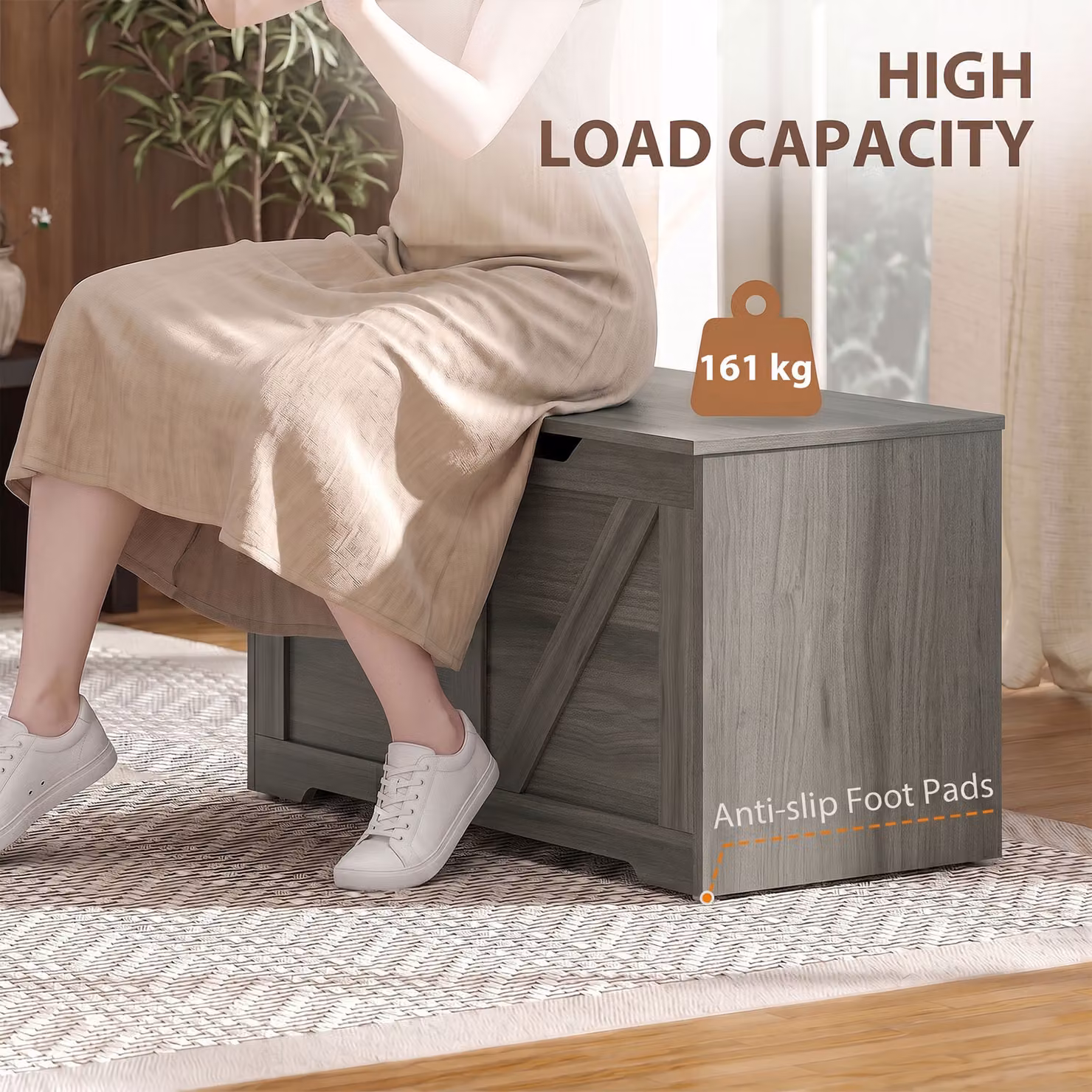 HOMCOM 100L Home Storage Box with Soft-Close Safety Hinge in Dark Grey Wood-Effect – 5